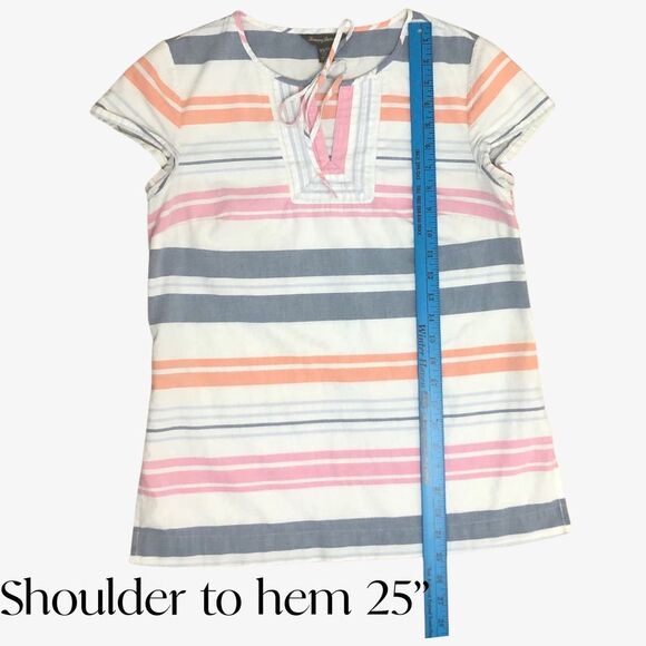 Tommy Bahama Blouse XS Striped Short Sleeve Cotton Keyhole Bow Tie - Picture 3 of 6